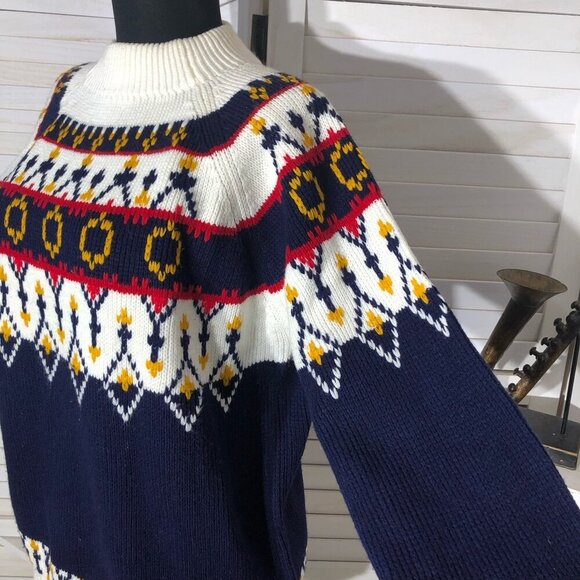 Vintage 90s JCPenney Fair Isle Ski Sweater Mock Neck Navy White Medium - Picture 8 of 11